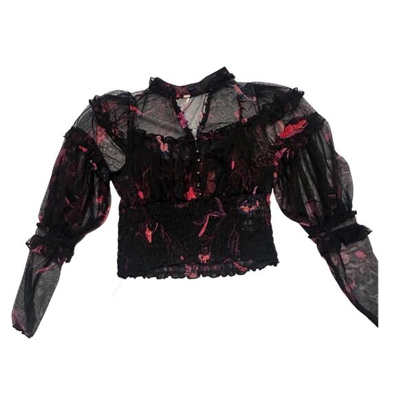 Free People Women’s Sheer Floral Rudfled Buttons Blouse Size XS - Picture 3 of 5